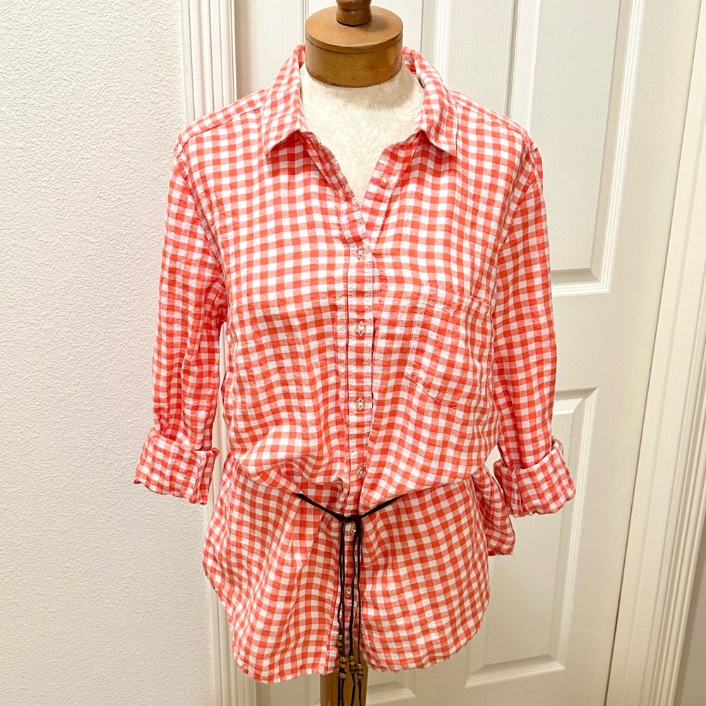 Banana Republic Linen L/S Orange/White Gingham Check Button Up Collared Shirt XL